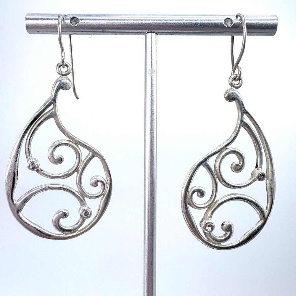 Teardrop Scroll Design Dangle Earrings VTG Sterling Silver 925 Size 2" Length